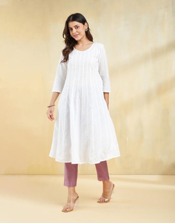 White Cotton Chikankari Slim Fit Long Kurta Two Piece