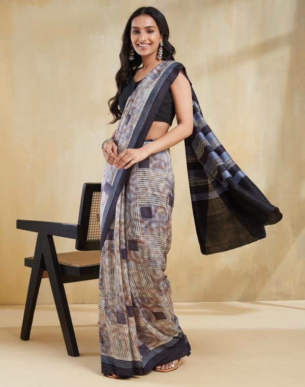 Beige Silk Hand Block Print Sari