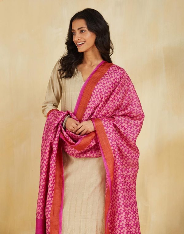Pink Silk Hand Block Printed Dupatta