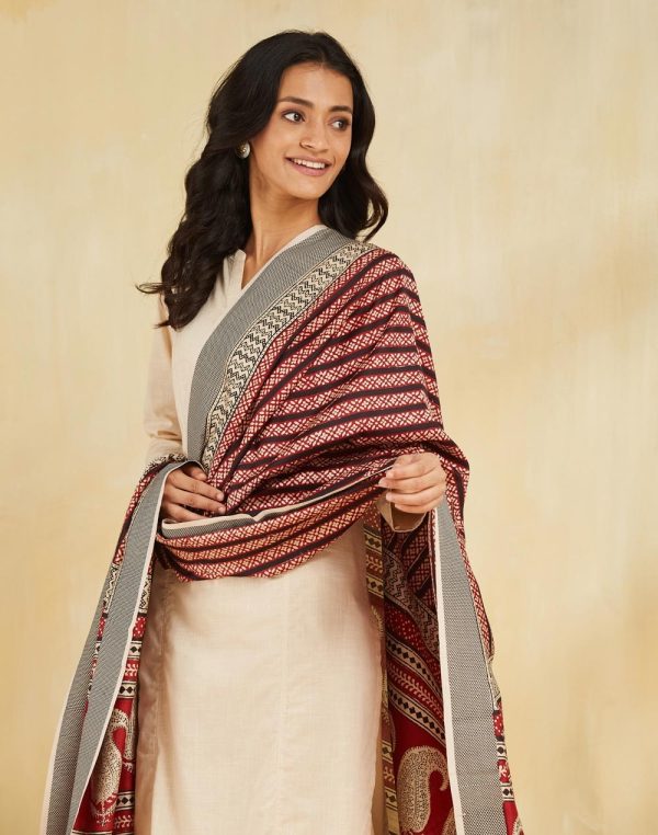 Beige Silk Blend Bagh Printed Dupatta